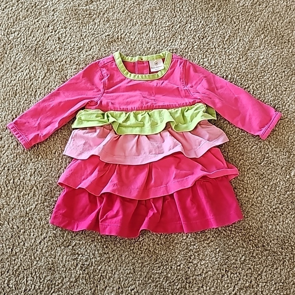 Hanna Andersson Dress Pink Green Ruffle Tiered Long Sleeve Size 60CM